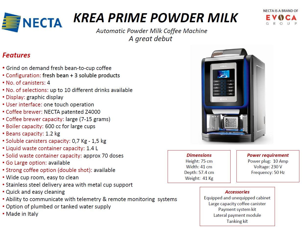 Necta Krea Prime ES Coffee Machine - Brand New