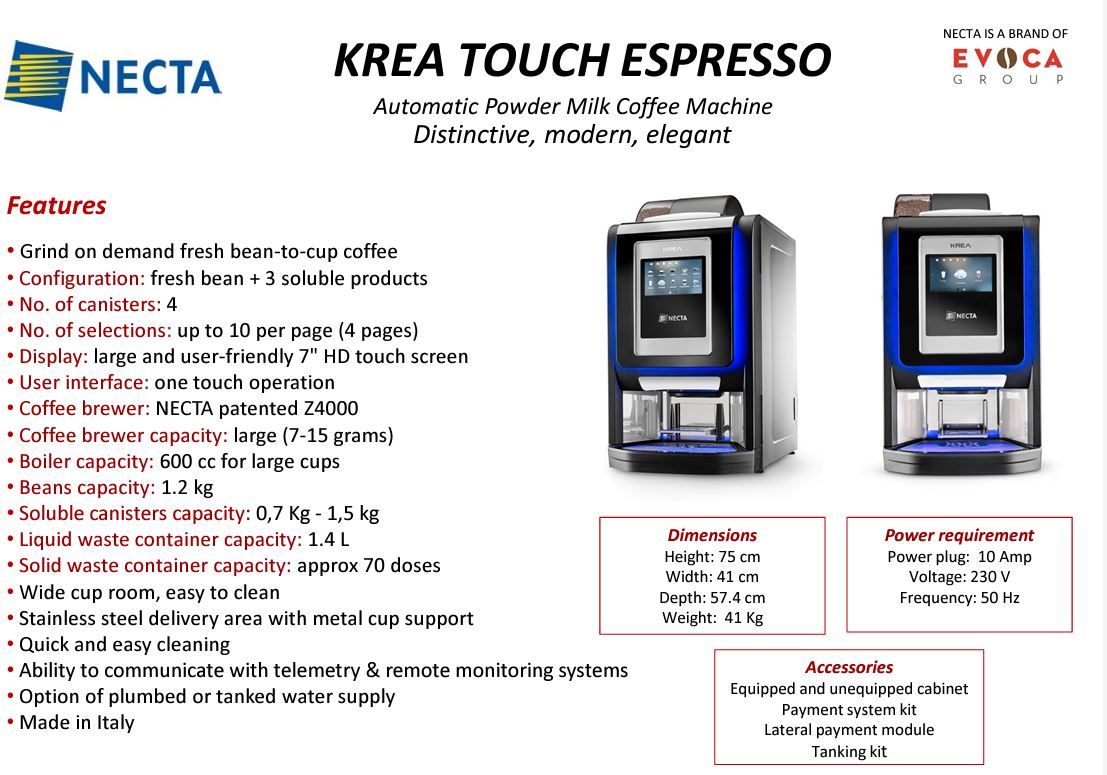 Necta Krea Touch ES Coffee Machine - Brand New